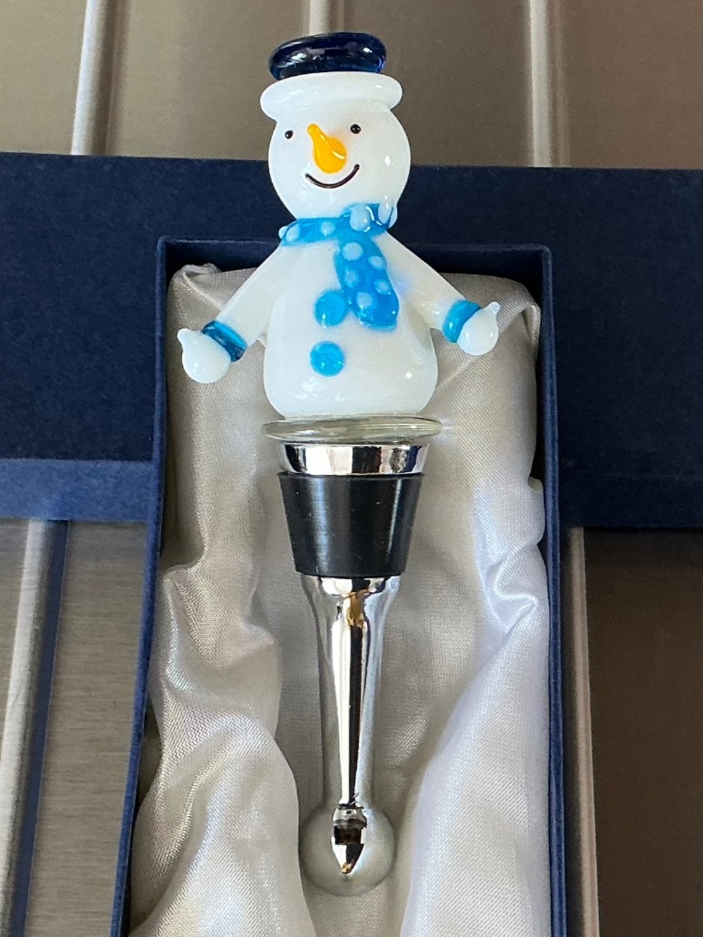 NWT Art Glass Snowman Wine Bottle Stopper & Gift Box Handcrafted Winter Decor